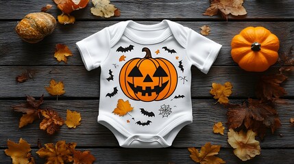 Wall Mural -  White baby bodysuit mock-up, Halloween-themed, on a wooden background design 