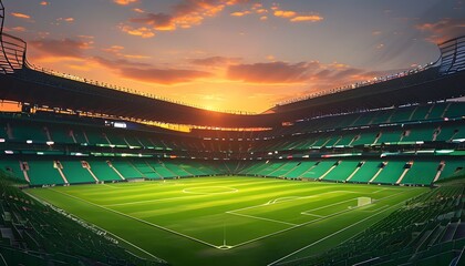 Wall Mural - Anticipation in an Empty Soccer Stadium at Sunset, Bathed in Soft Floodlight Glow