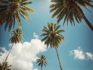 blue sky and palm trees view from below, vintage style, tropical beach and summer background, travel