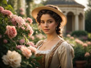 close up portrait of cute young pretty woman standing in flower garden