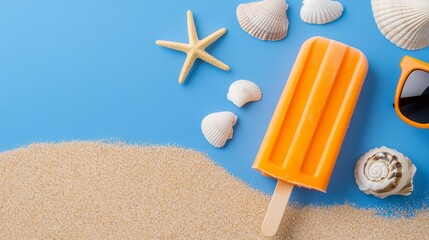 A colorful popsicle lies on sand beside seashells and a starfish, evoking a cheerful beach vibe.