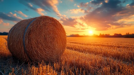 Wall Mural - A solitary hay bale sits in a harvested field at sunset.