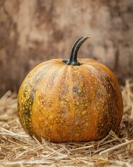 Wall Mural - autumn pumpkin on straw background high quality photo