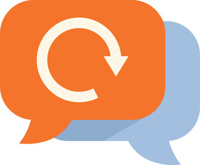 Poster - orange speech bubble with rotating arrow symbol, representing a concept of communication and repetit