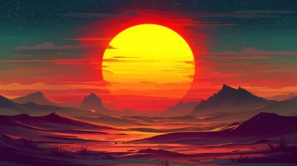 Poster - Vibrant Isometric Sunset Landscape Illustration