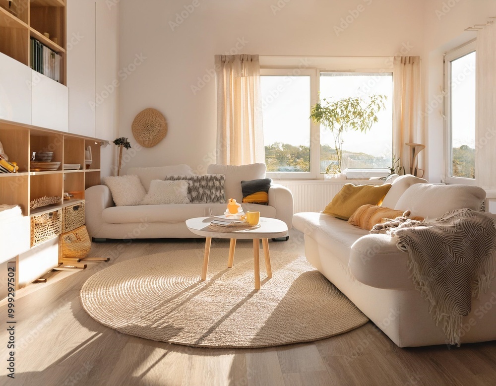 Child-safe living room with rounded furniture edges and soft rugs for a ...