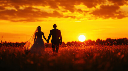 A couple is walking in a field with the sun setting in the background. The bride is wearing a veil and the groom is wearing a suit. Scene is romantic and peaceful