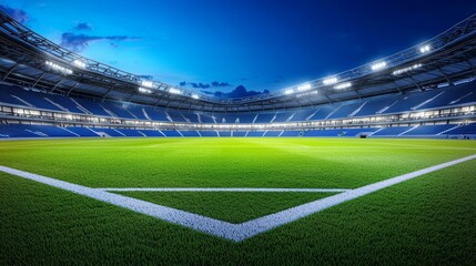 A panoramic view of a well-lit football stadium at dusk, featuring lush green grass and a clear blue sky.