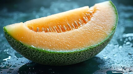 A close-up of a juicy cantaloupe melon slice with water droplets.