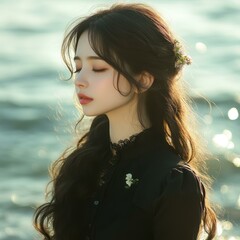 Poster - A girl with long hair walks on the beach, dressed in black, radiating warmth under the glowing sun, with a smile.