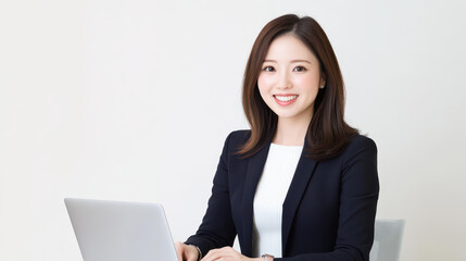 A stunning Japanese woman in formal attire, absorbed in her work, radiates professionalism and charm in a sleek office space.