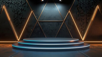 Wall Mural - Circular Platform with Neon Lights and Geometric Wall in Dark Room