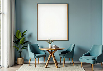 Modern minimalist interior with light blue walls, wooden round table, three dark blue chairs, houseplants and large empty frame. Generative AI