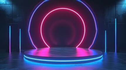 Wall Mural - Circular Neon Light Display with a Platform in a Dark Room