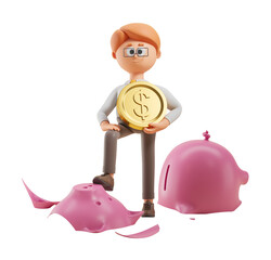 Poster - A cartoon person holding a gold coin stands next to a broken piggy bank. 3D rendering. Isolated on a white background. Concept of savings