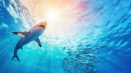 Wall Mural - Shark Swimming Underwater in Clear Blue Ocean Water