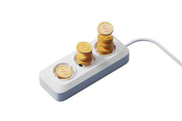Poster - Electrical power strip with stacked gold coins in the sockets, 3D rendering. Isolated on white background. Concept of saving money on electricity