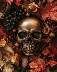 Canvas Print - Gothic Aesthetic with Bronze Skull and Autumn Elements