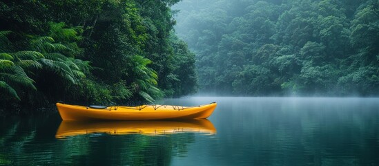 Sticker - A yellow kayak sits on a calm, still lake surrounded by lush, green foliage, a gentle fog hanging in the air, creating a tranquil and serene scene.