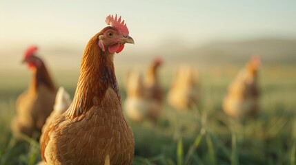 Wall Mural - A flock of free range hens roaming in a lush green grassy field on an organic farm  The natural living conditions and open space provide a scenic pastoral setting for the poultry to forage and thrive