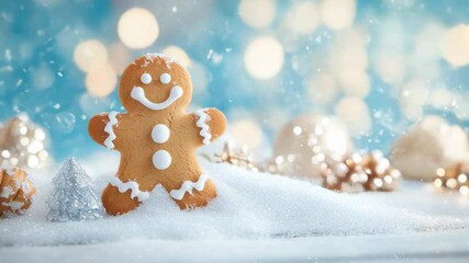 Canvas Print - A joyful gingerbread man appears amidst snowflakes and festive decorations during a winter Christmas celebration