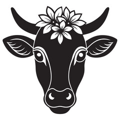 Cow head with flower silhouette vector illustration