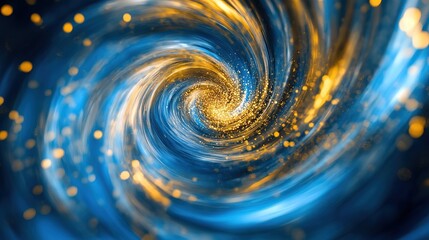 Poster - Blue and gold particle vortex with dynamic swirl and wind blowing effect in motion for artistic background