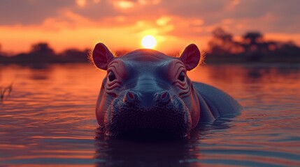 Hippo in a serene lake at sunset, showcasing nature's beauty and wildlife.