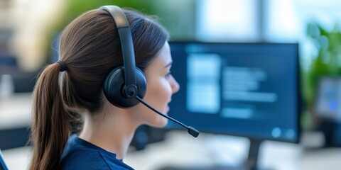 Wall Mural - Businesspeople using headsets while working in an office to assist a distant client or associate