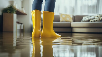 Yellow rain boots, standing in water, flooded interior, living room, hardwood floor, reflections, couch in background, dramatic lighting, close-up perspective, vibrant colors, photorealistic, high con