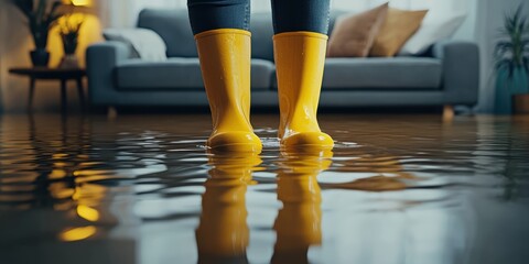 Yellow rain boots, standing in water, flooded interior, living room, hardwood floor, reflections, couch in background, dramatic lighting, close-up perspective, vibrant colors, photorealistic, high con