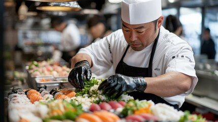 活気ある日本食レストランで新鮮な料理を準備する熟練の寿司職人