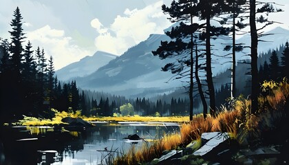 Wall Mural - Abstract scenic landscape featuring black mountains and white trees amidst a captivating pine forest environment