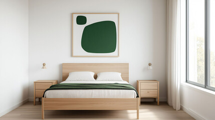 Poster - Minimalist Scandinavian bedroom with natural wood furniture and green accents