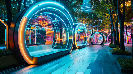 A futuristic playground in an urban setting, illuminated by neon lights and featuring interactive digital play installations concept white background, create image