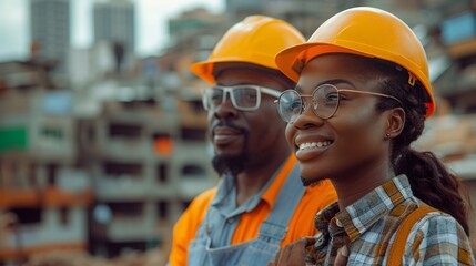 Engineering, construction site and team outdoor for building project, planning and architecture. Black woman and men contractor together for development and safety assessment discussion in city 