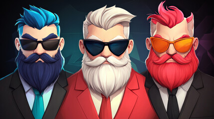 Poster - Three men in suits and sunglasses with different hair and beard colors.