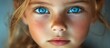 © GoDress - Close up portrait of a young girl with blue eyes and freckles looking at the camera.