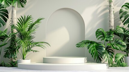 Wall Mural - Minimalist White Podium with Lush Tropical Plants and Sunlight