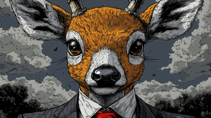 Sticker - A deer in a suit stares intently at the camera.