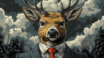 Poster - A deer in a suit stares intensely into the camera, surrounded by a cityscape and a cloudy sky.