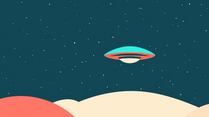 Fototapete - A sleek UFO hovers over a serene landscape in this minimalist D vector art, showcasing clean lines and basic shapes.