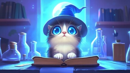 Canvas Print - A charming kitten in a witch hat gazes with glowing blue eyes, perched on a book, illuminated by moonlight.