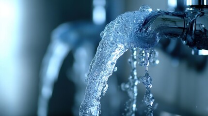 Poster - Flowing Water from Faucet with Blue Background