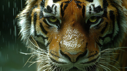 Canvas Print - A tiger's intense gaze in the rain.