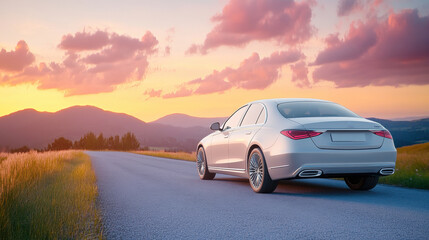 Sticker - Elegant Car on Serene Road at Sunset