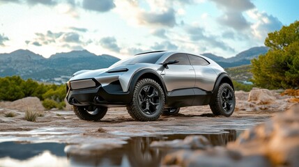 Futuristic Off-Road Electric Car in Scenic Landscape