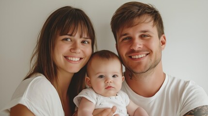 Photo of a happy family with a baby on a white background