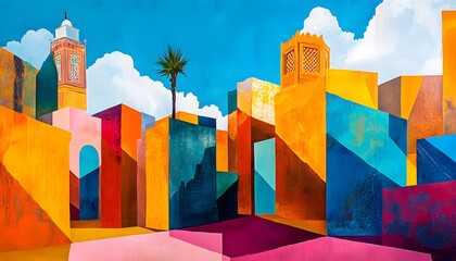 Sticker - Abstract Painting Depicting a Cityscape with a Palm Tree and Two Towers