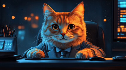 Sticker - A cat dressed in a suit sits at a desk, looking serious.